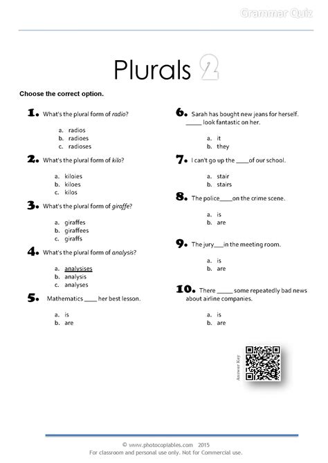 Plurals Grammar Quiz 2 | photocopiables