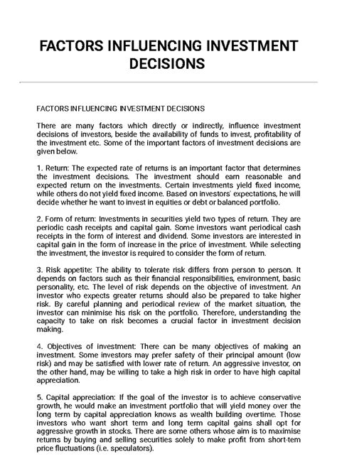 Lecture Note - Factors Influencing Investment Decisions - FACTORS ...