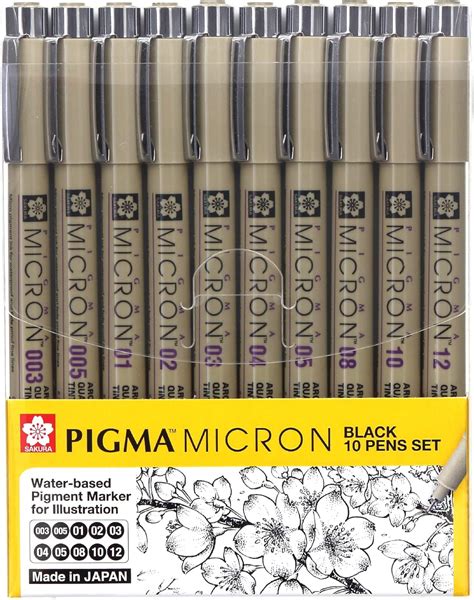 Sakura Pigma Micron fineliner pen 10 piece black ink colour drawing set ...