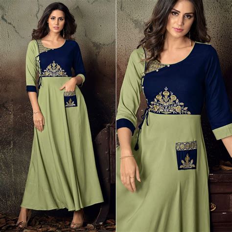 Green-Blue Floral Embroidered Rayon Kurti