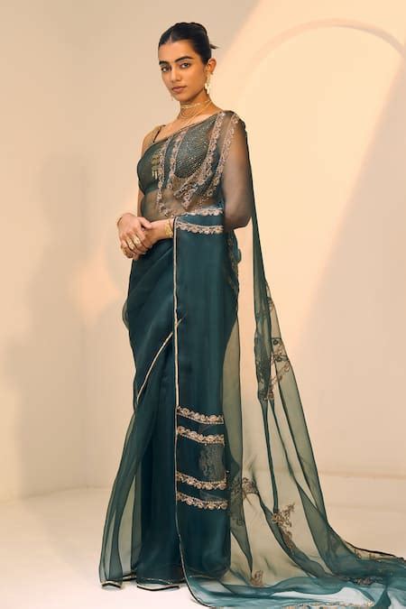 Buy Green Organza, Silk, Satin Sequins, Anya Saree With Unstitched ...