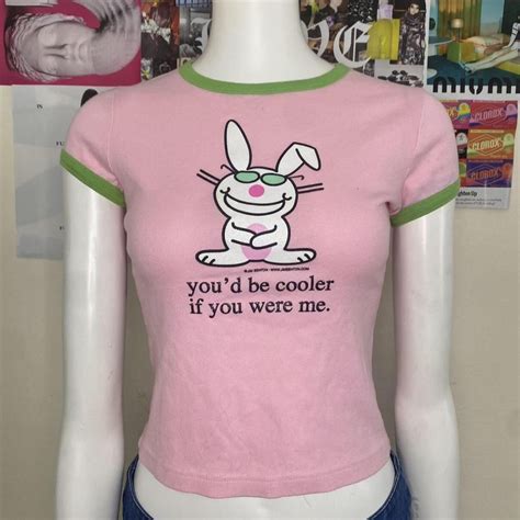 y2k happy bunny baby tee! super cute pink and green... - Depop
