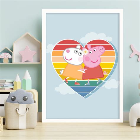 Peppa Pig Print - Peppa and Suzy Rainbow Heart and Clouds Poster Wall ...