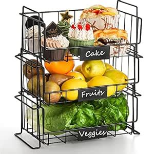 SHIOK DÉCOR Set of 3 Stackable Wire Basket with Metal Label, Stacking ...