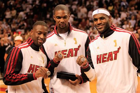 LeBron James and Dwayne Wade emphatically celebrate Chris Bosh being ...