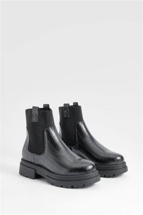 Wide Width Double Tab Croc Chunky Chelsea Boots | boohoo USA