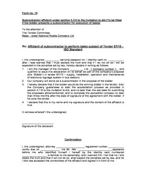 Fillable Online Re: Affidavit of subcontractor to perform tasks subject ...