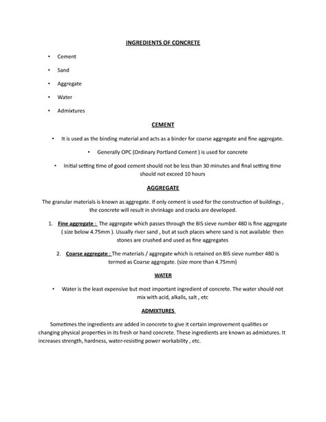 BCM3 - concrete - INGREDIENTS OF CONCRETE Cement Sand Aggregate Water ...