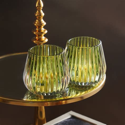 Set of 2 Green Ribbed Glass Tealight Holders - Small