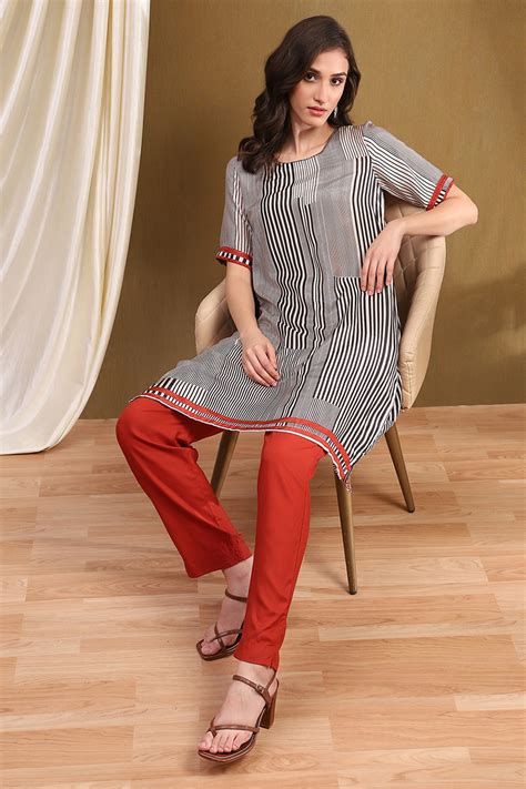 Buy Black and White Striped High-Low A-Line Kurta Online at Biba India