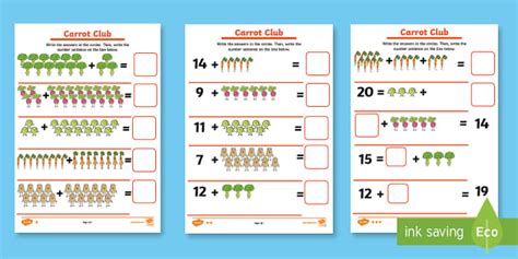 Carrot Club Addition to 20 Worksheet