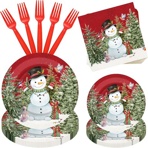 Amazon.com: Sliner 120 Pcs Christmas Snowman Dinnerware Set Snowman ...