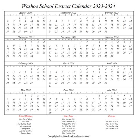 Washoe School District 2023-2024 Calendar With Holidays