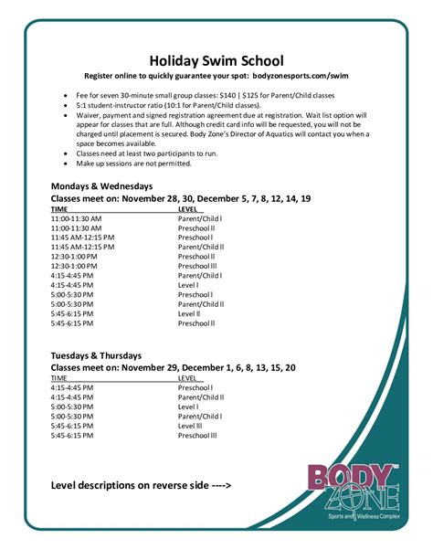 Body Zone - Holiday Swim School 2022 - flyer - Body Zone Sports and ...