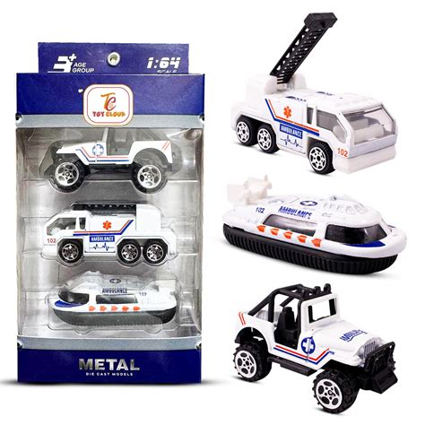 Toy Cloud Free Wheel Die-Cast Metal Ambulance Vehicle Set of 3, 1:64 ...