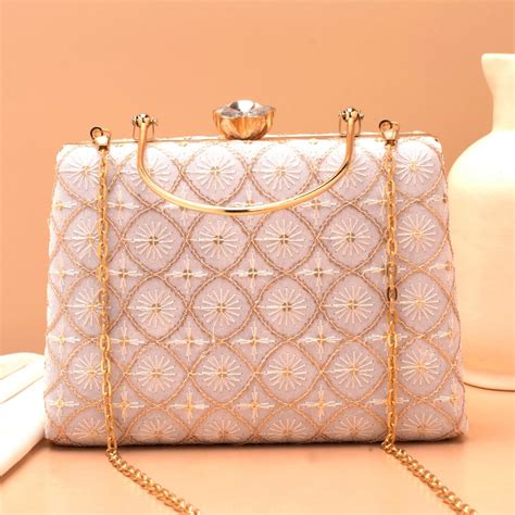 Artklim White Base Threadwork And Sequins Embroidery Clutch