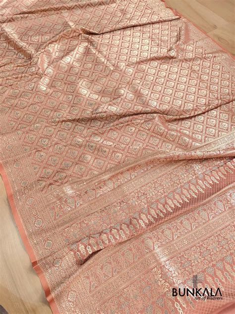 Shop Glimmering Peach Meenakari Brocade Mashru Silk Banarasi Saree ...