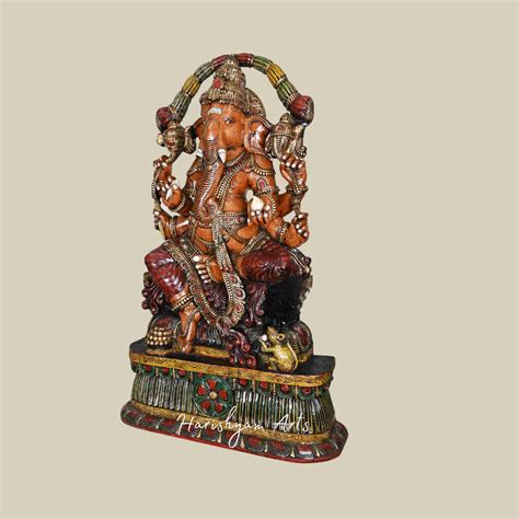 47" Six-Armed Wooden Ganesha Statue with Mooshak, Protector Form of Lo