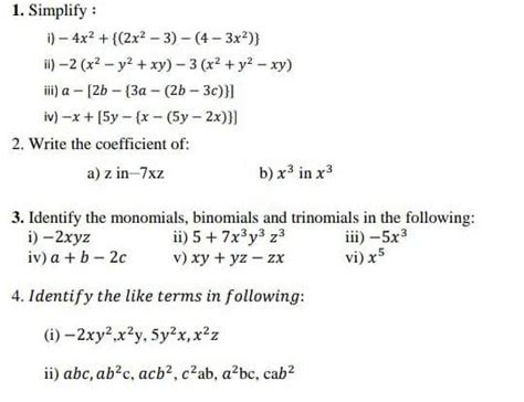 1. Simplify: i) - 4x² + ((2x²-3) -(4-3x²)} ii) -2 (x² - y² + xy) - 3 ...