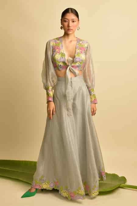 Buy Grey Organza, Shantoon V Neck Crop Top And Palazzo Set For Women by ...