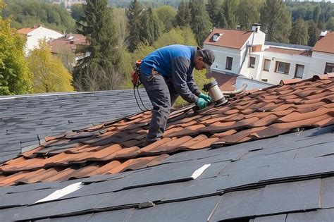 Worker performs overhaul of the roof of a residential building ...