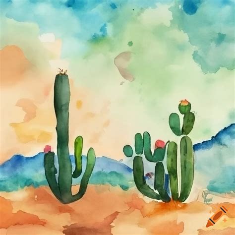 Watercolor painting of a desert landscape with cacti