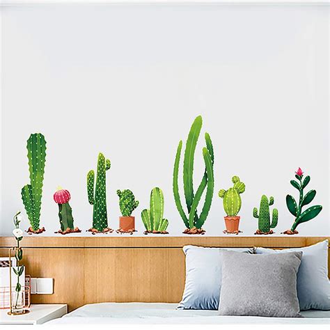 Buy Cactus Wall Decal Cartoon Tropical Potted Green Plants Wall Sticker ...