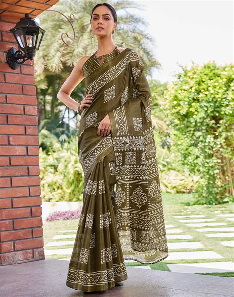 Sage Green Cotton Blend Printed Saree – Sudathi