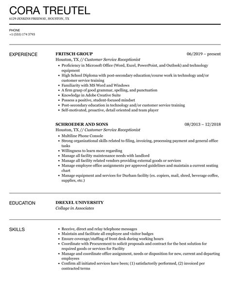 Image result for Resume Examples Receptionist Customer Service Example