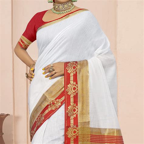 White Solid With Woven Border Cotton Blend Saree