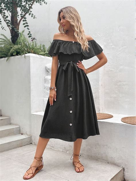 Black Off Shoulder Front Button Down Flared Dress – Outzidr