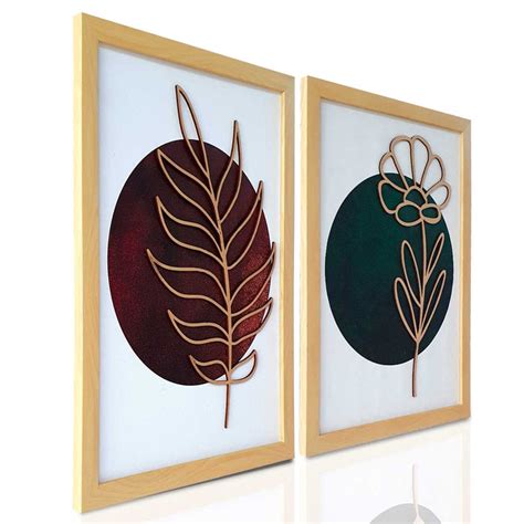 Set of 2 Art Prints for Wall Décor Brown and Green Boho MDF Embosed 3D ...