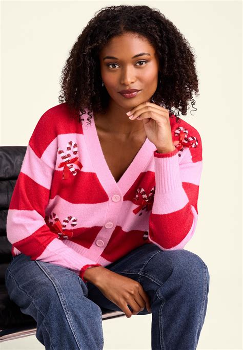 Womens Red Stripe Candy Cane Christmas Cardigan | Peacocks