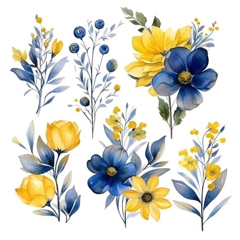 Premium Photo | Photo blue and yellow watercolor floral on white ...