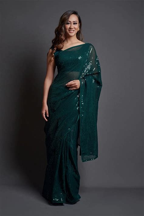 Green Bollywood Designer Saree with Embroidery Work - shubhkalastore.com