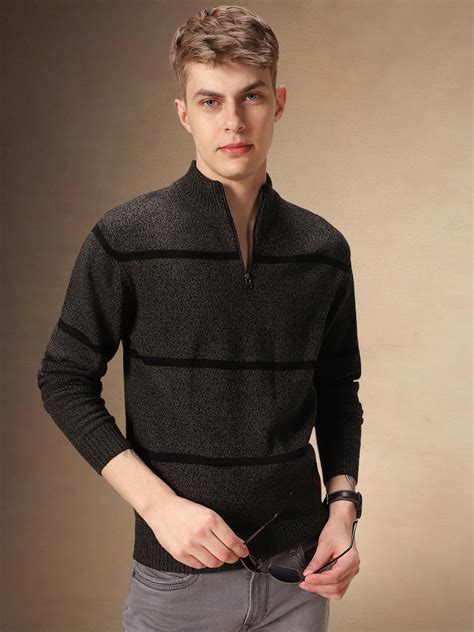 Men's Olive Striped Mock Collar Full Sleeves Pullover Sweater – DENNIS ...