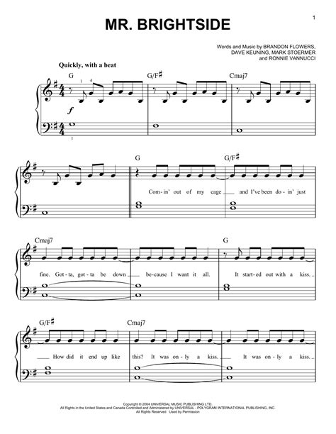 Mr. Brightside by The Killers Sheet Music for Very Easy Piano at Sheet ...