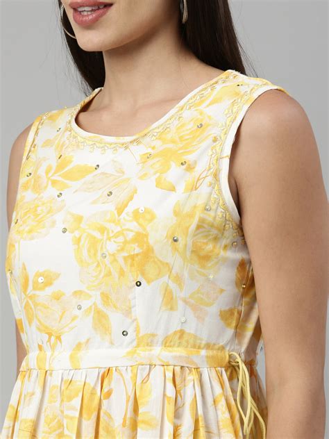 Neerus Women Yellow Floral Printed Mirror Work Anarkali Kurta – Neerus ...