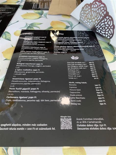 Menu at Pasta Fresca Pécs restaurant, Pécs