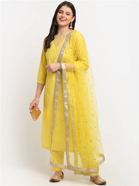 Glowing Yellow Sequinned Yoke Straight Kurti with Pants and Sequin Dup ...