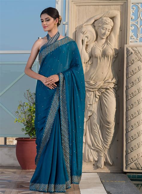 Deep blue mughal jaal embroidered saree and blouse set – Sohni