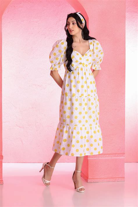 Yellow Polka Dot Schiffli Midi Dress – Sewandyou