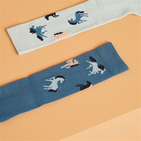 Kids' Horse Riding Socks SKS 500 Twin-Pack - Teal/Green Patterns