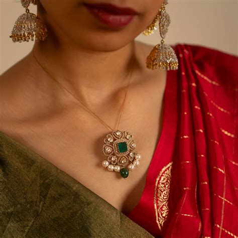 Handmade Silver Pendant Eena Pendant with Polki Green Stones and Pearls