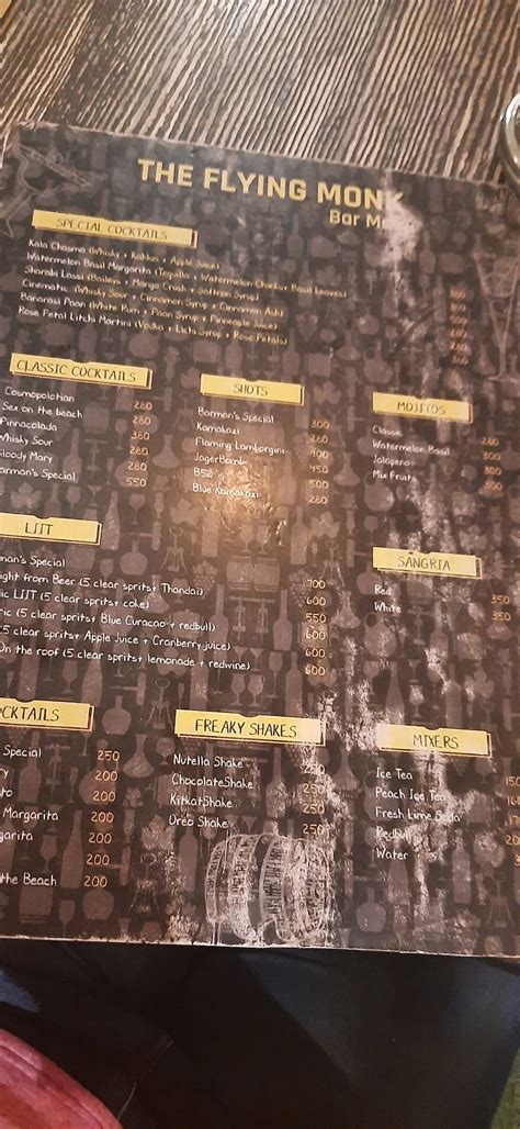 Menu at Flying Monk, Nashik