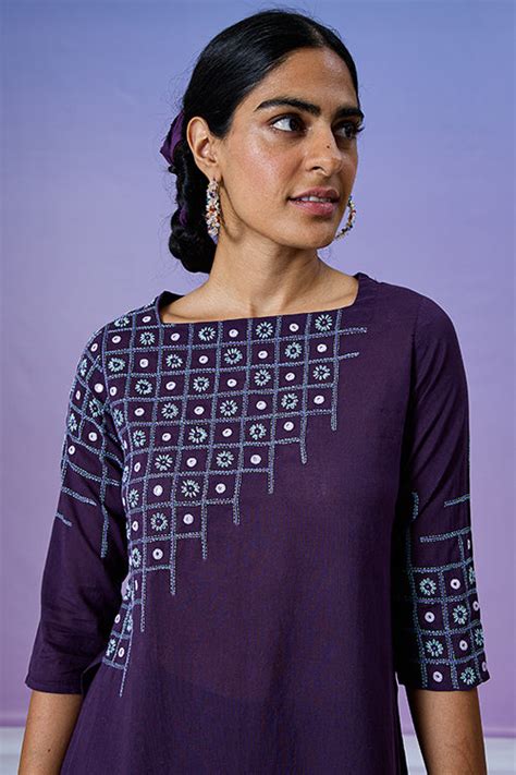 Buy Okhai Resilient Purple Pure Cotton Hand Embroidered Kurta Pant Set ...