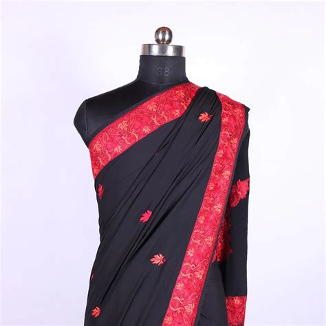 Black Base Kashmiri Hand Sozni Embroidered Pure Crepe Saree – Kashmir ...
