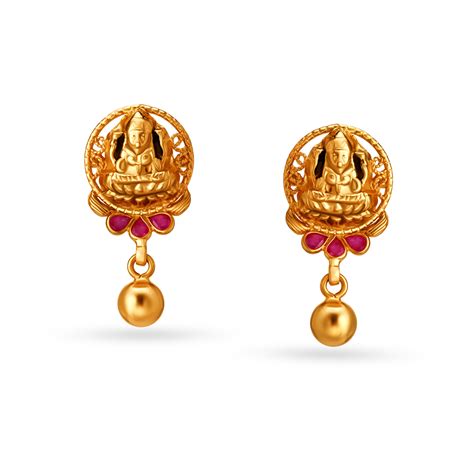 Ruby Temple Motif Gold Drop Earrings