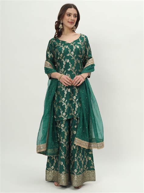 Forever Green Zari Silk Kurti with Palazzo and Net Stone Dupatta ...