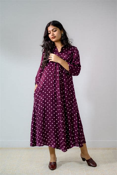Lavender Rani Modal Bandhani Front Pleated Dress- Lobha Deepthis